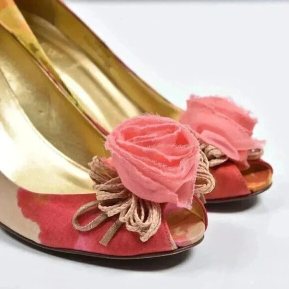 J. Crew Raffia Rose Printed Peep Toe Heels Golden Beach Size 7 - Picture 4 of 11